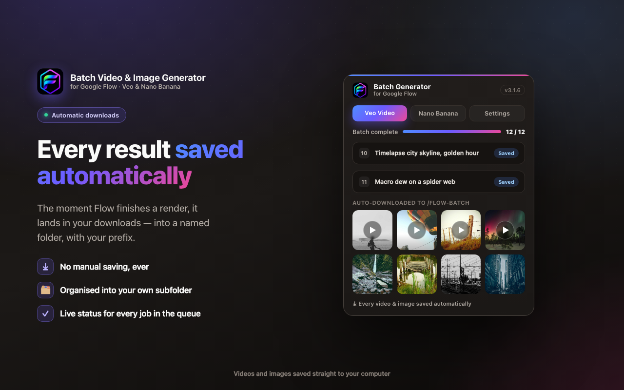 Every generated video and image downloads automatically