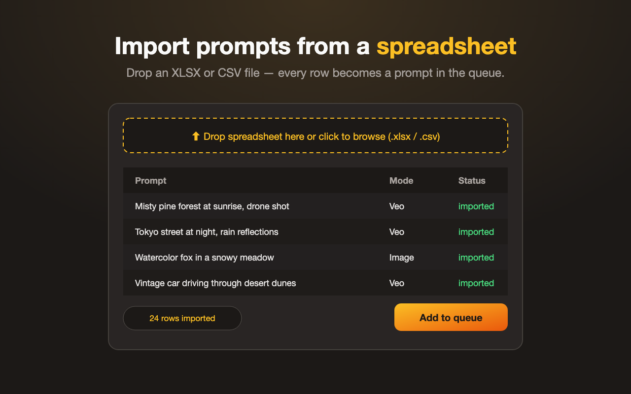 Import prompts from an XLSX or CSV spreadsheet