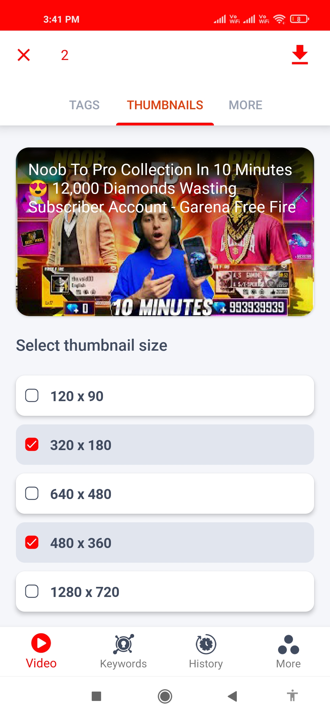Download video thumbnails in multiple sizes