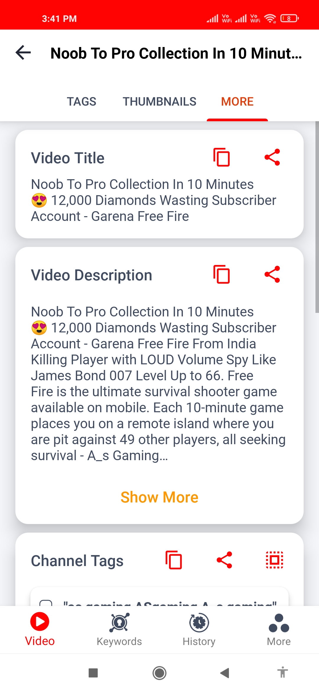 Copy video title, description and channel tags